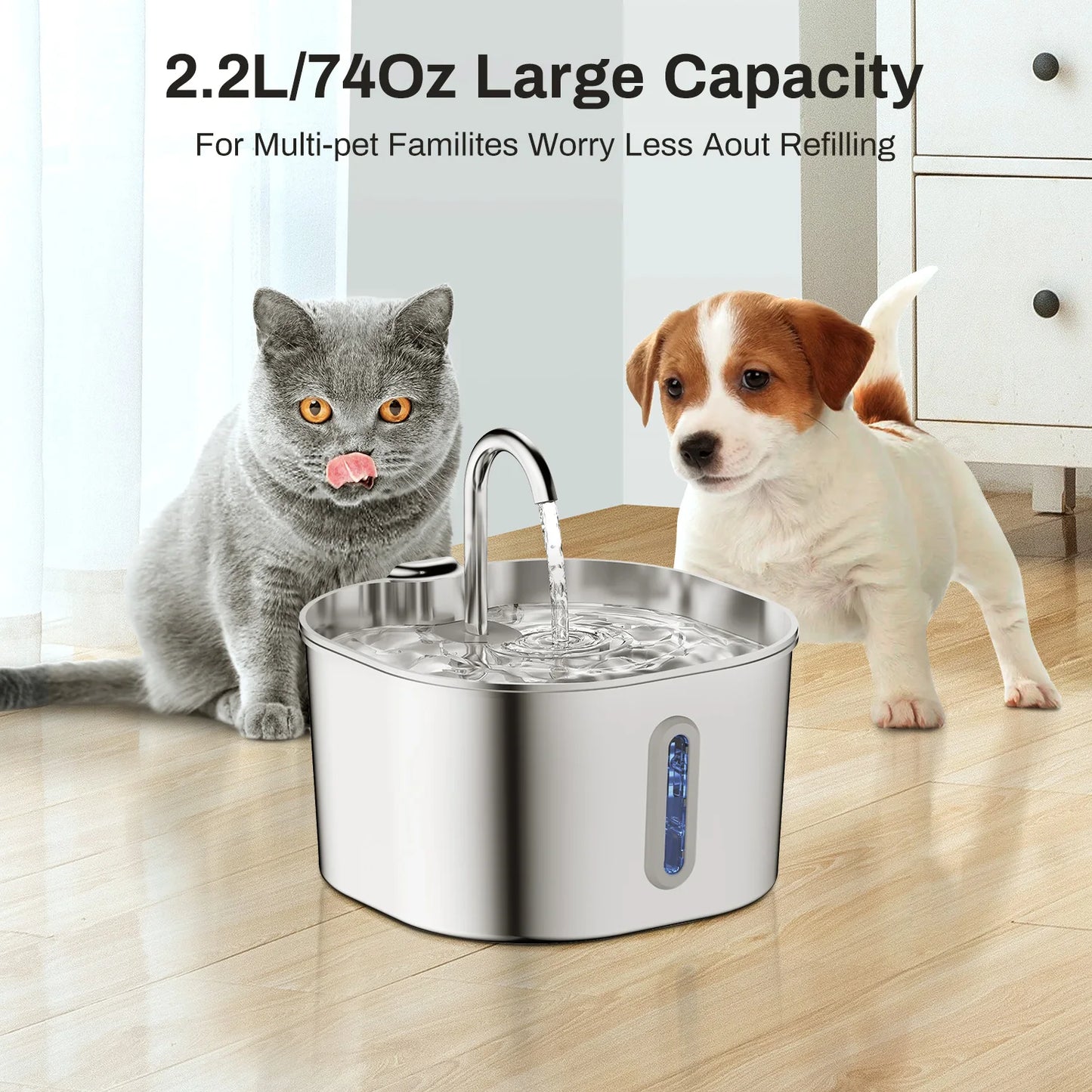 2L Square Stainless Steel Cat Water Fountain