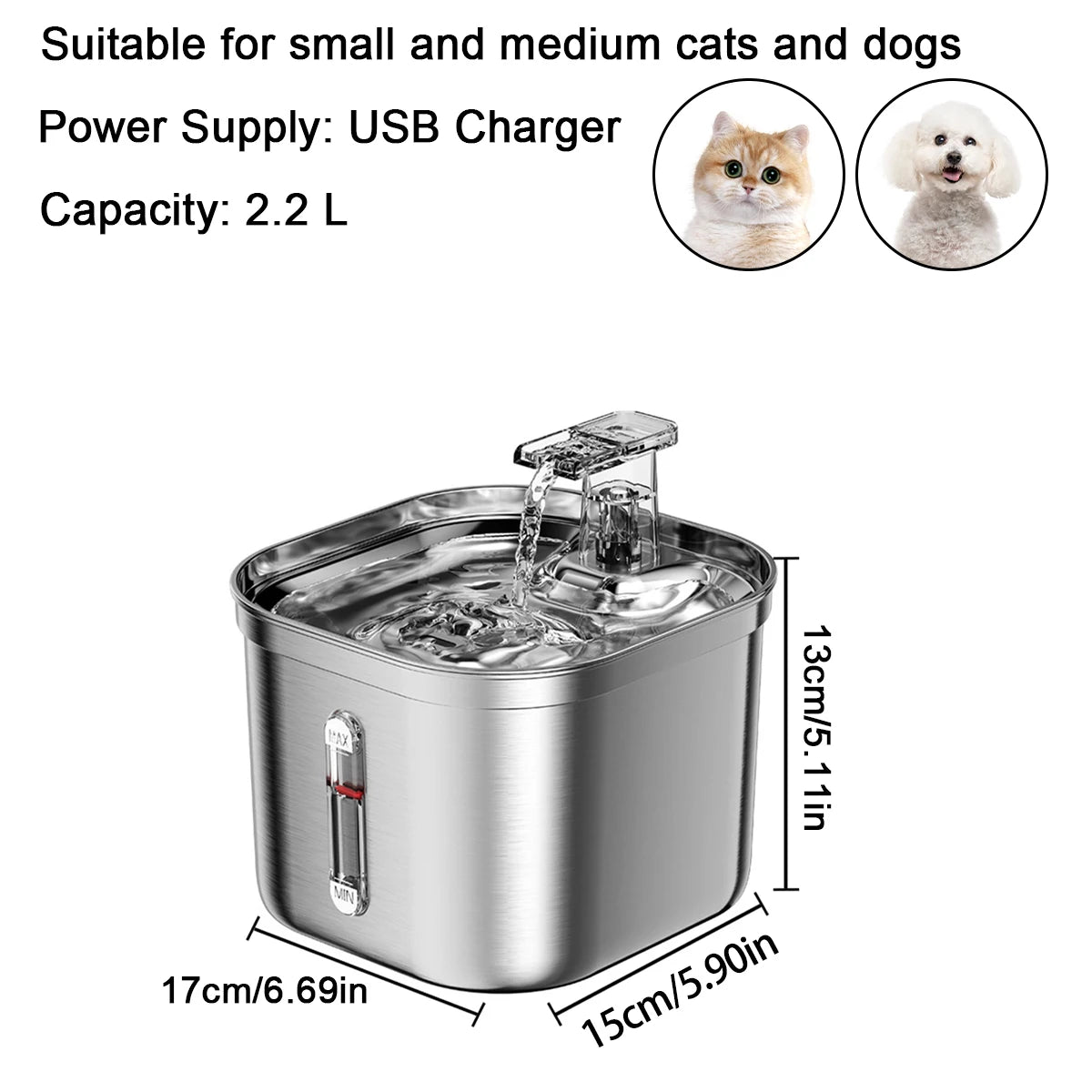 2.2L 3-Speed Stainless Steel Cat Water Fountain